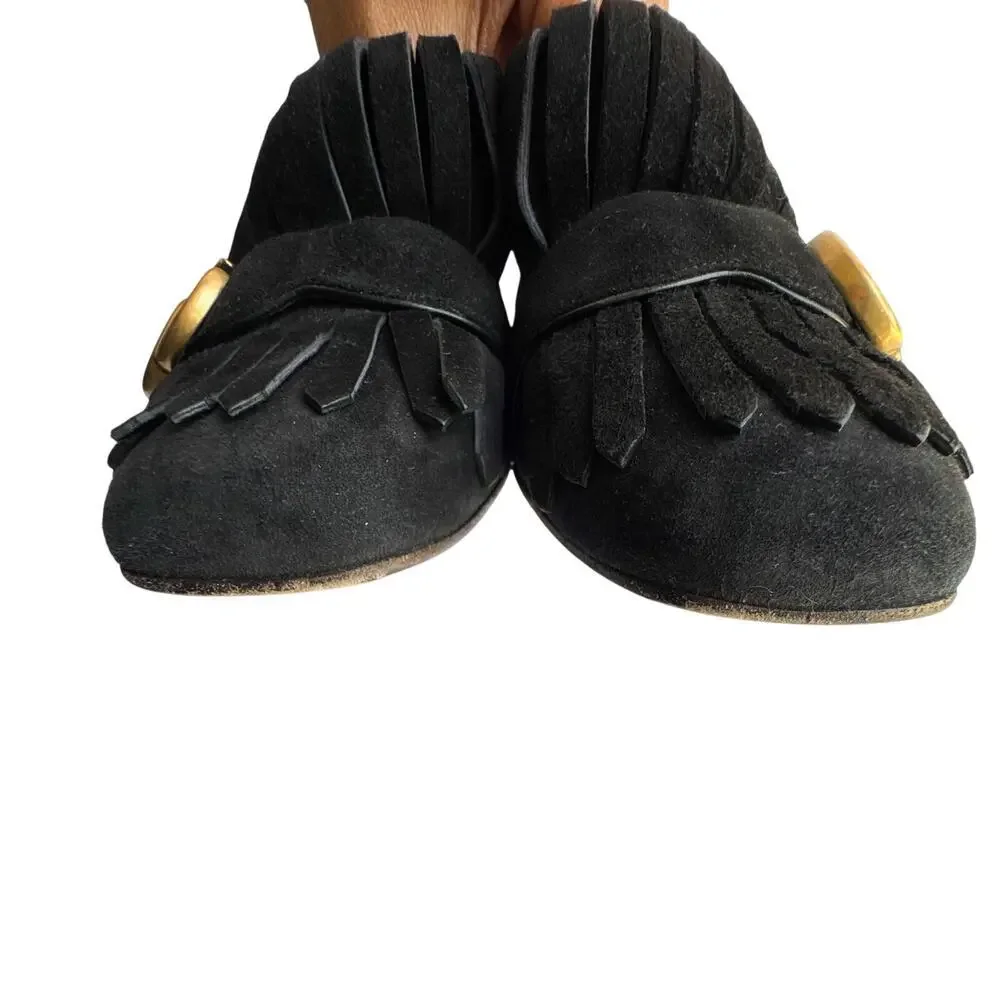 Gucci GG Marmont Fringe Block Heel Pumps Black Suede 39 - Picture 3 of 13